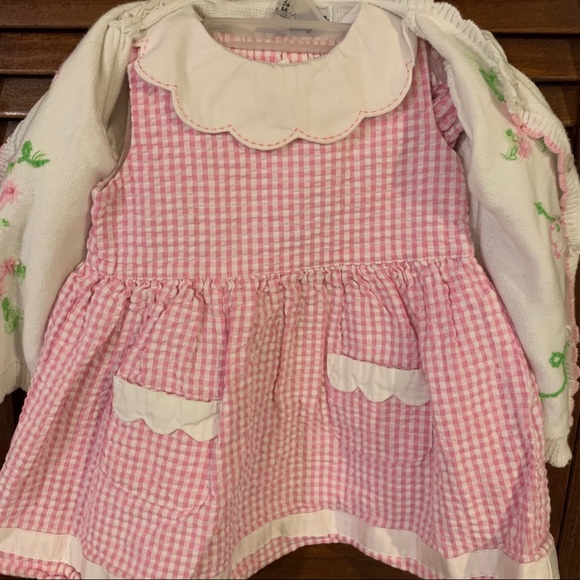 Pink Gingham Dress White Embroidered Cardigan - Picture 4 of 12